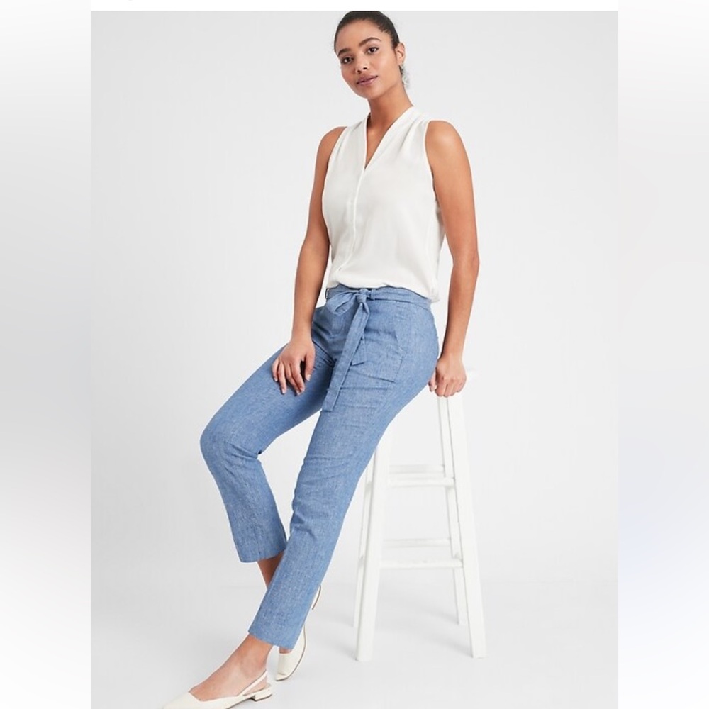 BANNNA REPUBLIC AVERY TIE-WAIST LINEN BLEND TAILORED ANKLE PANT SZ 14 NWT